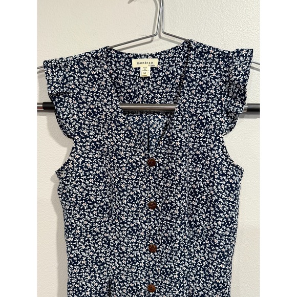 Monteau Shirt Dress Women's M Blue Ditsy Floral Polyester V-Neck Button Front - Picture 5 of 6